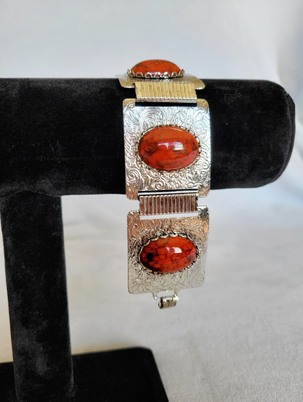 ​Vintage Chunky Silver Tone Etched Panel Statement Bracelet with Red Faux Stones